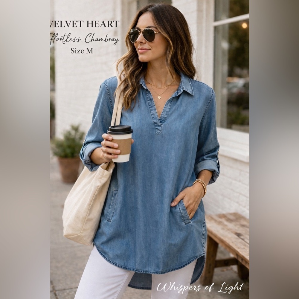 Velvet Heart Chambray Tunic Top in Light Blue